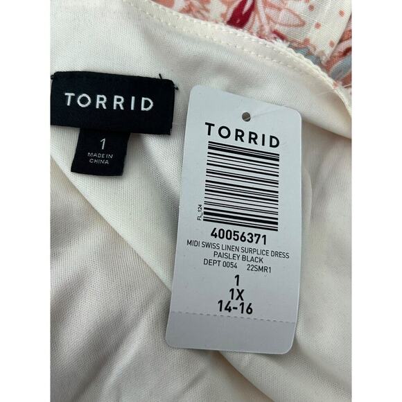 Torrid Dress Size 1X Midi Swiss Linen Surplice Paisley Faux Wrap Pink Multicolor - Picture 7 of 15